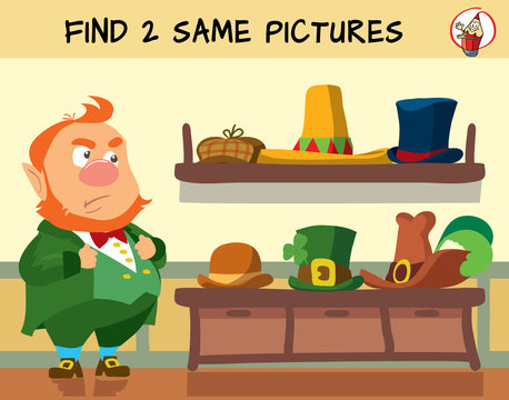Help the leprechaun choose the right hat. Educational matching game for children. Cartoon vector illustration