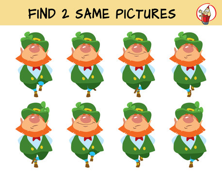 Leprechauns dance a jig. Find two identical leprechauns. Educational matching game for children. Cartoon vector illustration