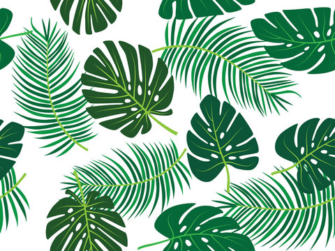 green palm tree and monstera leaf vector tropical theme seamless pattern