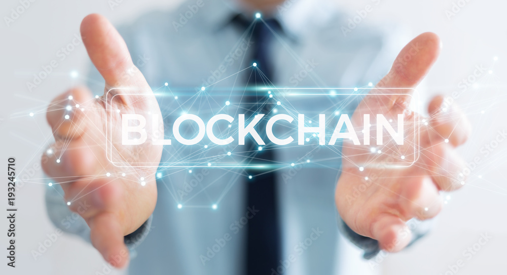 Poster Businessman using blockchain cryptocurrency interface 3D rendering