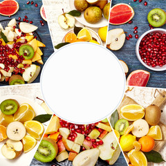 Collage of fresh fruits and berries for fruit salad. Healthy food concept. Photo of colorful fruit mix with white circle space for text.