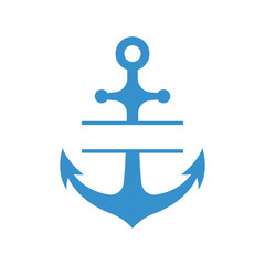 Nautical anchor with split monogram isolated on white background. Blue sulhouette. Vector