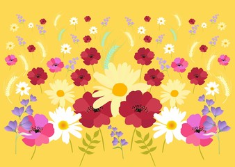 Beautiful pattern with lilac bell flowers, red and pink poppies, chamomile and wheat ears on yeloow..Endless vector background. Print for fabric, wrapping design.
