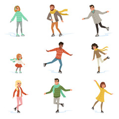 Fototapeta na wymiar Ice skating people set, winter activities vector Illustrations on a white background