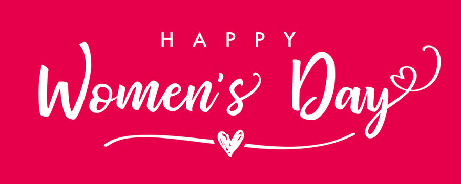 March 8, Happy Womens Day elegant lettering pink banner. Invitations for the International Women's Day, March 8 with calligraphic text and heart on line