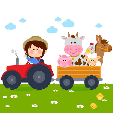 Farmer boy driving a tractor and carrying farm animals. Vector illustration