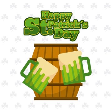 happy st patricks day wooden barrel and green beers vector illustration