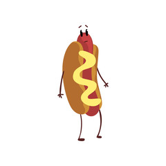 Funny surprised hotdog, humanized fast food character with mustard vector Illustration