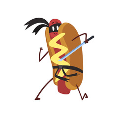 Funny hotdog ninja with sword, humanized fast food character with mustard vector Illustration © topvectors