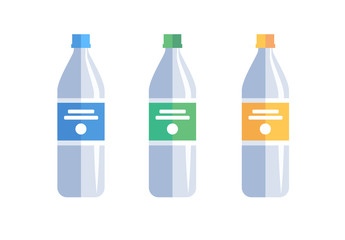 Water plastic bottle flat isolated on white background - vector illustration in flat style, different types of water, food design template