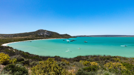 Fototapeta premium A view of Kraalbaai in the West Coast National Park in South Africa with boats leaving white trails in the sea. The sea in the bay is a beautiful turquoise colour and a clear blue sky