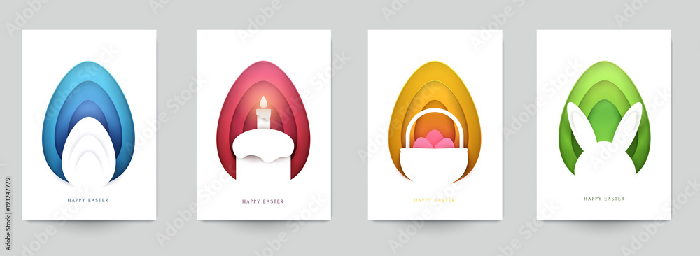 Wall mural Happy easter concept. Set holiday background for cover, invitation, poster, banner, flyer, placard. Minimal template design for branding, advertising in paper cut style. Vector illustration.