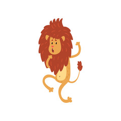 Cute funny lion cub cartoon character walking on two legs vector Illustration on a white background