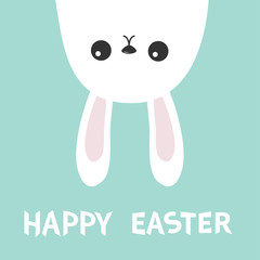 Happy Easter. White bunny hare rabbit hanging upside down. Picaboo. Flat design. Funny head face. Cute kawaii cartoon character. Baby greeting card Blue pastel color background.