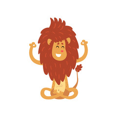 Cute lion cub cartoon character meditating in lotus position vector Illustration on a white background