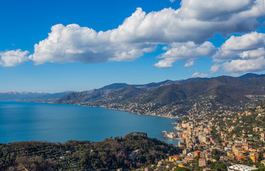 Naklejka na ściany i meble Aerial view of city of Camogli and east riviera, Genoa (Genova) province, Ligurian riviera, Mediterranean coast, Italy