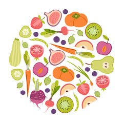 round design element with fruits and vegetables