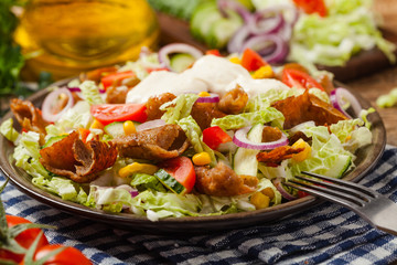 Gyros, kebeb. Salad with mutton and vegetables.