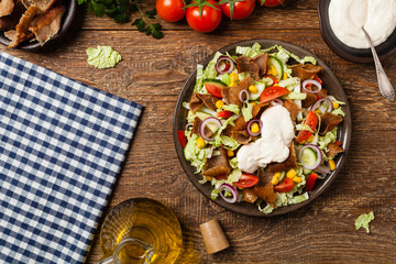 Gyros, kebeb. Salad with mutton and vegetables.