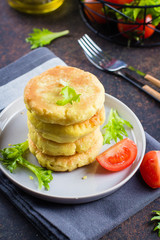 Mashed Potato Cheese Pancakes on a stone background. Copy Space