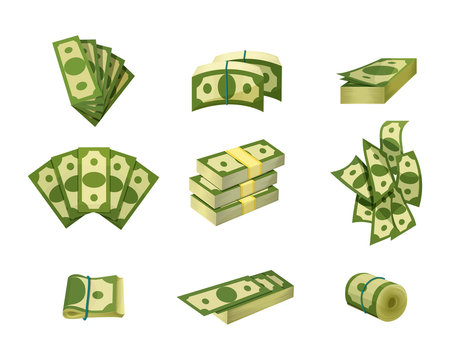 Collection of dollar bills. Green banknotes. American cash. Banking currency. Paper money. Concept of financial success, investment or wealth. Flat vector design