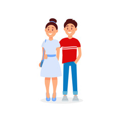 Fototapeta premium Happy family couple. Husband hugs his wife for waist. Young girl her boyfriend. Cartoon people characters in casual outfit. Colorful flat vector design