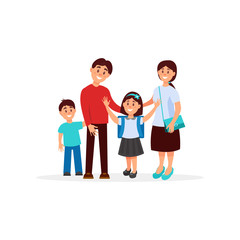 Colorful portrait of happy family with mother, father, son and daughter. Girl with school backpack on shoulders. Cartoon people characters. Parenthood concept. Flat vector design