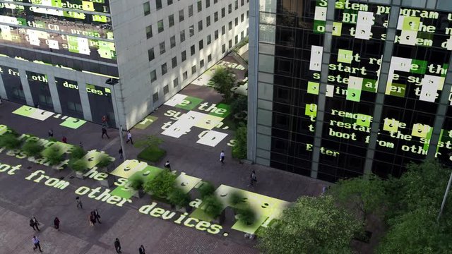 paris business district timelapse with data and computer programming information mapped ontp the building facades