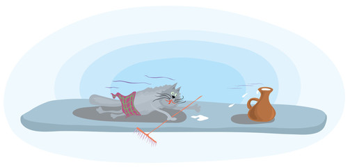  cheerful curling/ Cat in skirt sliding on the ice pushes jug of milk 