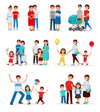 Collection of young families. Young couples. Cartoon people expecting baby born. Pregnant woman. Concept of parenting. Family recreation. Flat vector design