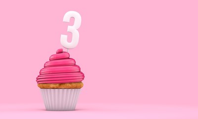 Number 3 pink birthday celebration cupcake. 3D Rendering