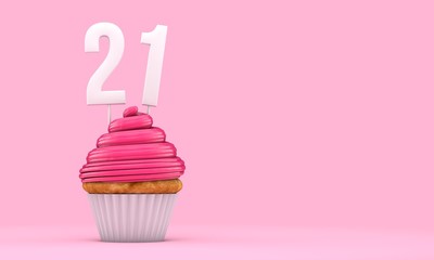 Number 21 pink birthday celebration cupcake. 3D Rendering