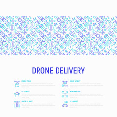 Fototapeta na wymiar Drone delivery concept with thin line icons: quadcopter, flying drone with package, remote control, front and side view. Modern vector illustration of innovative transport for banner, print media.