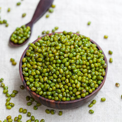 Mung bean, green moong dal in wooden bowl. White textile background.