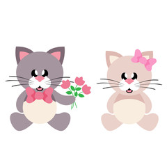 cartoon cute cat sitting with tie and flowers and girl cat