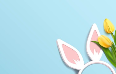 Easter bunny ears headband and yellow tulips isolated on blue. Beautiful spring background with place for text. Vector illustration