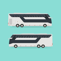 Realistic two-story, modern, tourist bus on two sides, isolated on a light background. No gradients. Vector illustration.