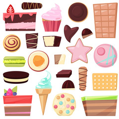 Confectionery sweets vector chocolate candies and sweet confection dessert in candyshop illustration of confected cake or cupcake with choco cream set isolated on white background