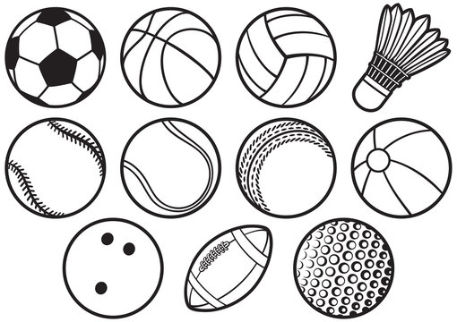 sport ball thin line icons set (beach, tennis, american football, soccer, volleyball, basketball, baseball, bowling, cricket, badminton)