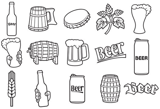 beer thin line icons set (hop branch, wooden barrel, hand holding glass, can, bottle cap, mug, bottle)