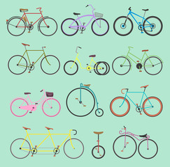 Retro bike vintage vector old-fashioned girls and hipster transport ride vehicle bicycles summer transportation for bikers sport modern street outdoor travel cycle illustration isolated on background