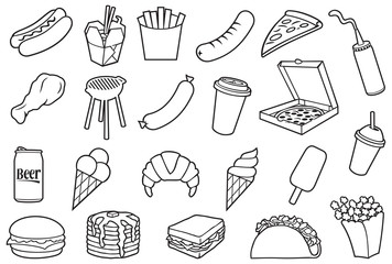 Fast food thin icons set (hamburger, pizza, hot dog, Chinese food, fried chicken legs, barbecue grill, sausages, ice cream, pancakes, popcorn, coffee, french fries, sandwich, taco) 