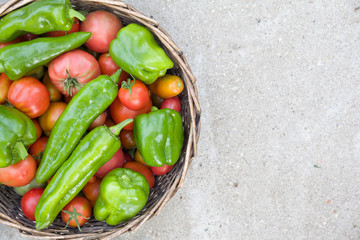 Top view on basket full of fresh organic vegetables - tomatoes and paprika on concrete background. Gardening and healthy food concepts.