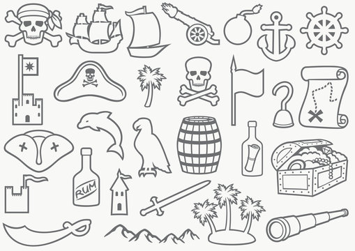 pirates thin line icons set (sabre,  skull with bandanna and bones, hook,triangle hat, old ship, spyglass, treasure chest, cannon, anchor, rudder, mountain, map, barrel, rum, island with palms)