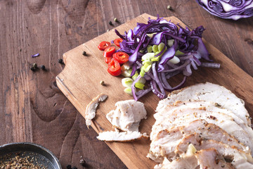 Spring salad with meat. Horizontal. Close up. Place for text. selective focus. Close up. Place for text.