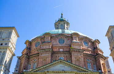 Fototapeta na wymiar VICOFORTE, ITALY APRIL 11, 2017 - The external facade of the Dome of Vicoforte Sanctuary, Cuneo province, Piemonte, Italy, the largest elliptical dome in the world.
