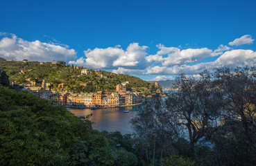 Naklejka premium PORTOFINO, ITALY, FEBRUARY 13, 2018 - Aerial view of the city of of Portofino , Genoa (Genova) Province, Liguria, Mediterranean coast, Italy