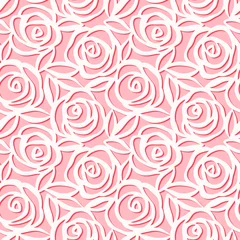 Wall murals Roses Seamless pattern. Cute vector illustration of roses with leaves on pink background. Origami style. Paper cut pattern.