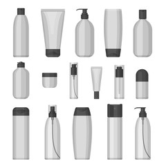 Set of vector cosmetic bottles for beauty and cleanser, skin and body care, toiletres. Flat design on a white background. Cream, tooth paste, shampoo, gel, spray, tube and soap