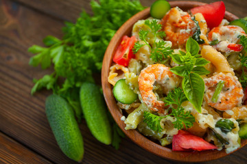  delicious gigli t with shrimps and basil on  plate